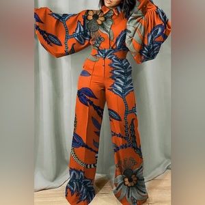 Orange Puff Sleeve Wide Leg Jumpsuit